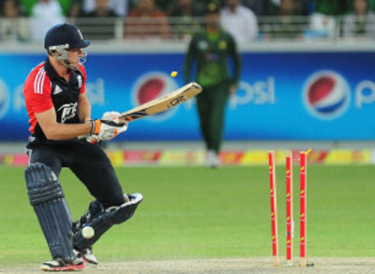 Jos Buttler perished once again trying unsuccessfully to paddle-scoop Umar Gul&nbsp;&nbsp;&bull;&nbsp;&nbsp;AFP