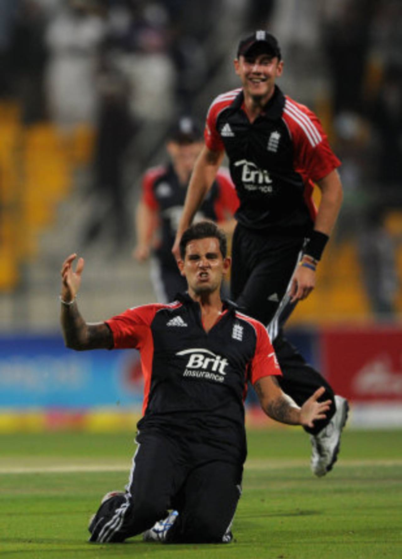 Jade Dernbach celebrates his wicket to hand England victory, Pakistan v England, 3rd Twenty20, Abu Dhabi, February 27, 2012