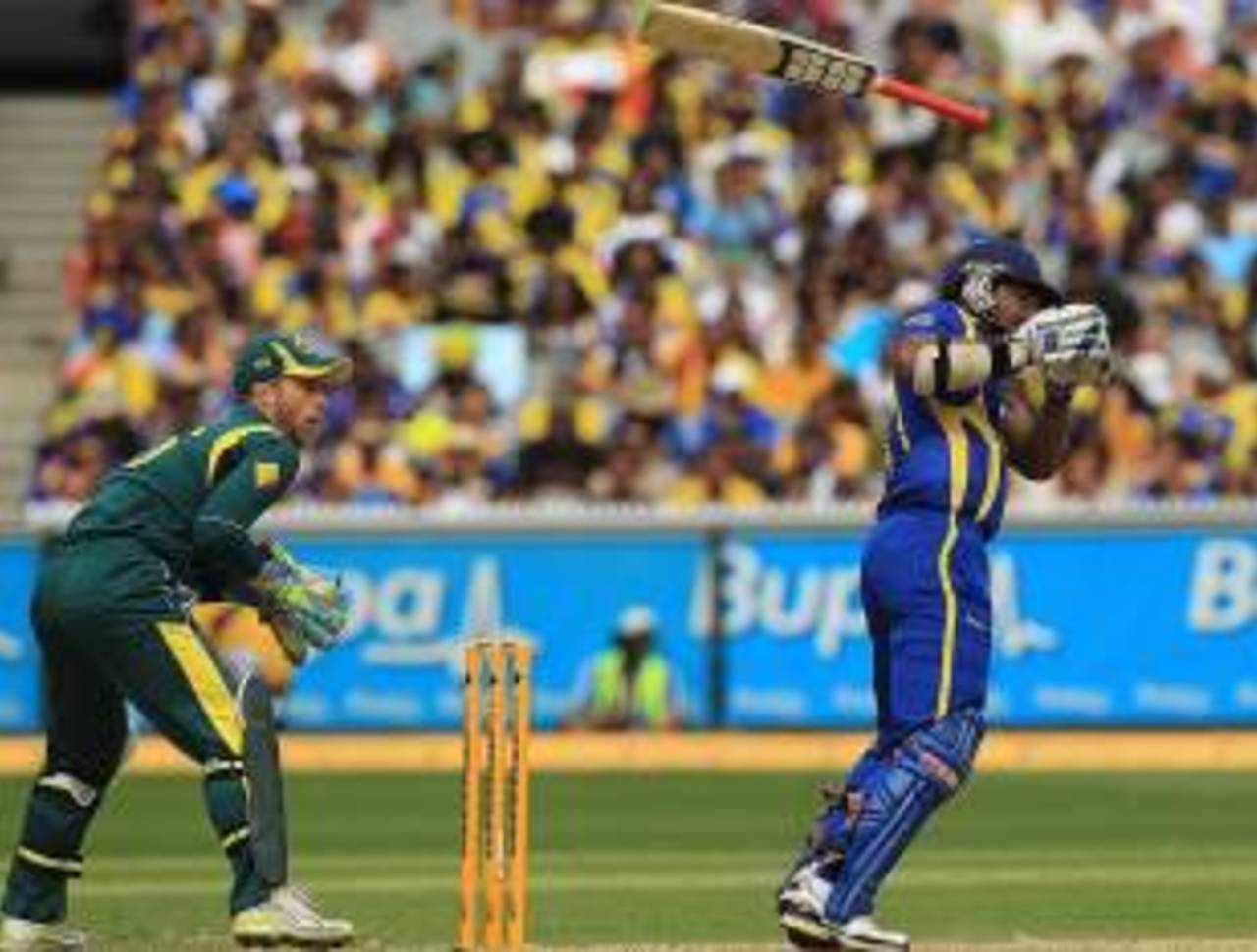 Kumar Sangakkara loses his bat as he tries to whip one square, Australia v Sri Lanka, CB series, Melbourne, March 2, 2012