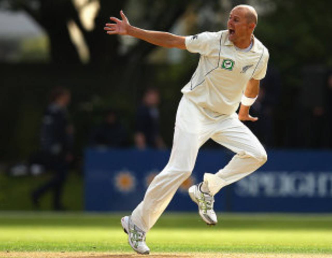 Chris Martin appeals to have AB de Villiers lbw, New Zealand v South Africa, 1st Test, Dunedin, 1st day, March 7, 2012