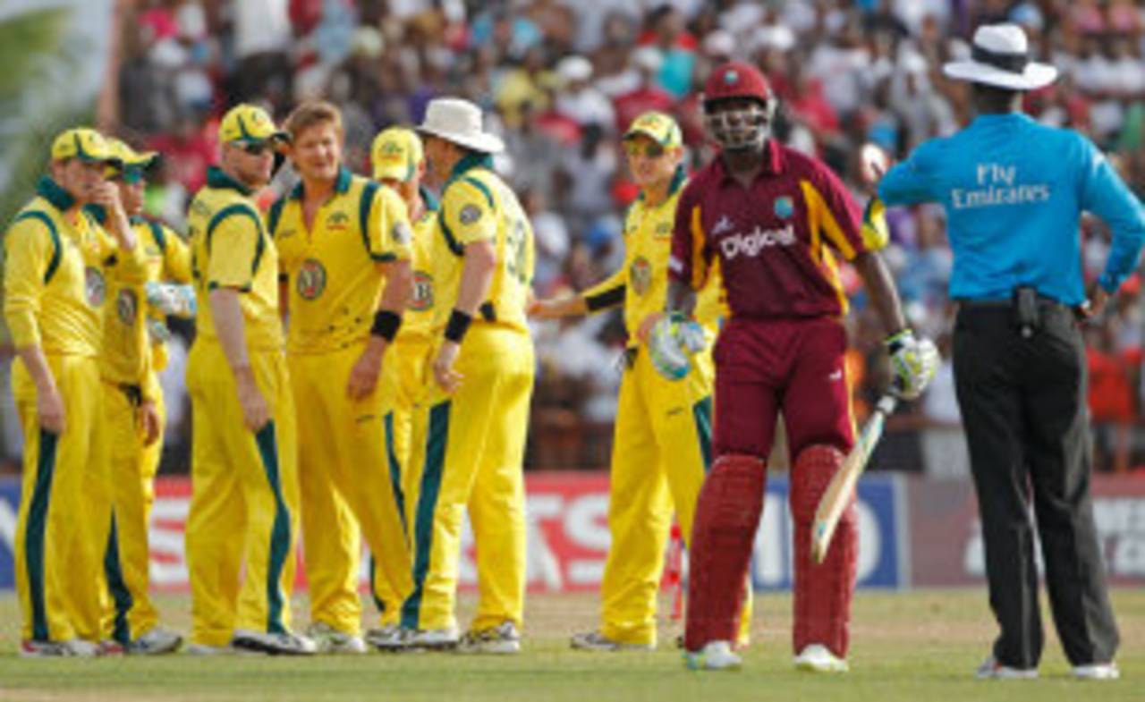 Shane Watson discovers that his dismissal of Andre Russell came off a no-ball, West Indies v Australia, 3rd ODI, St Vincent, March 20, 2012