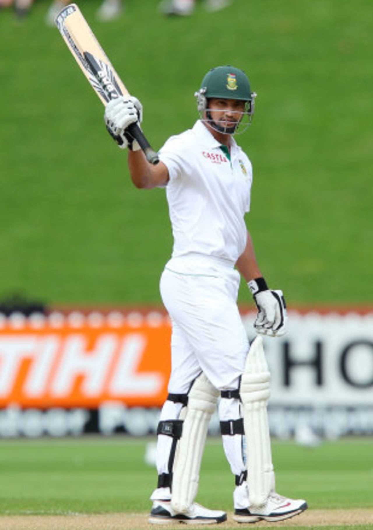 Alviro Petersen raises his bat after reaching his half-century, New Zealand v South Africa, 3rd Test, Wellington, 2nd day, March 24, 2012