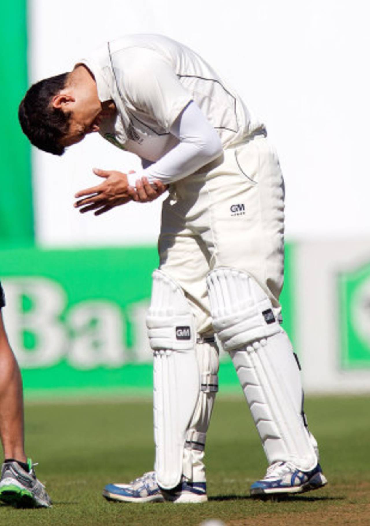 Ross Taylor winces in pain after being struck on the wrist, New Zealand v South Africa, 3rd Test, Wellington, 4th day, March 26, 2012