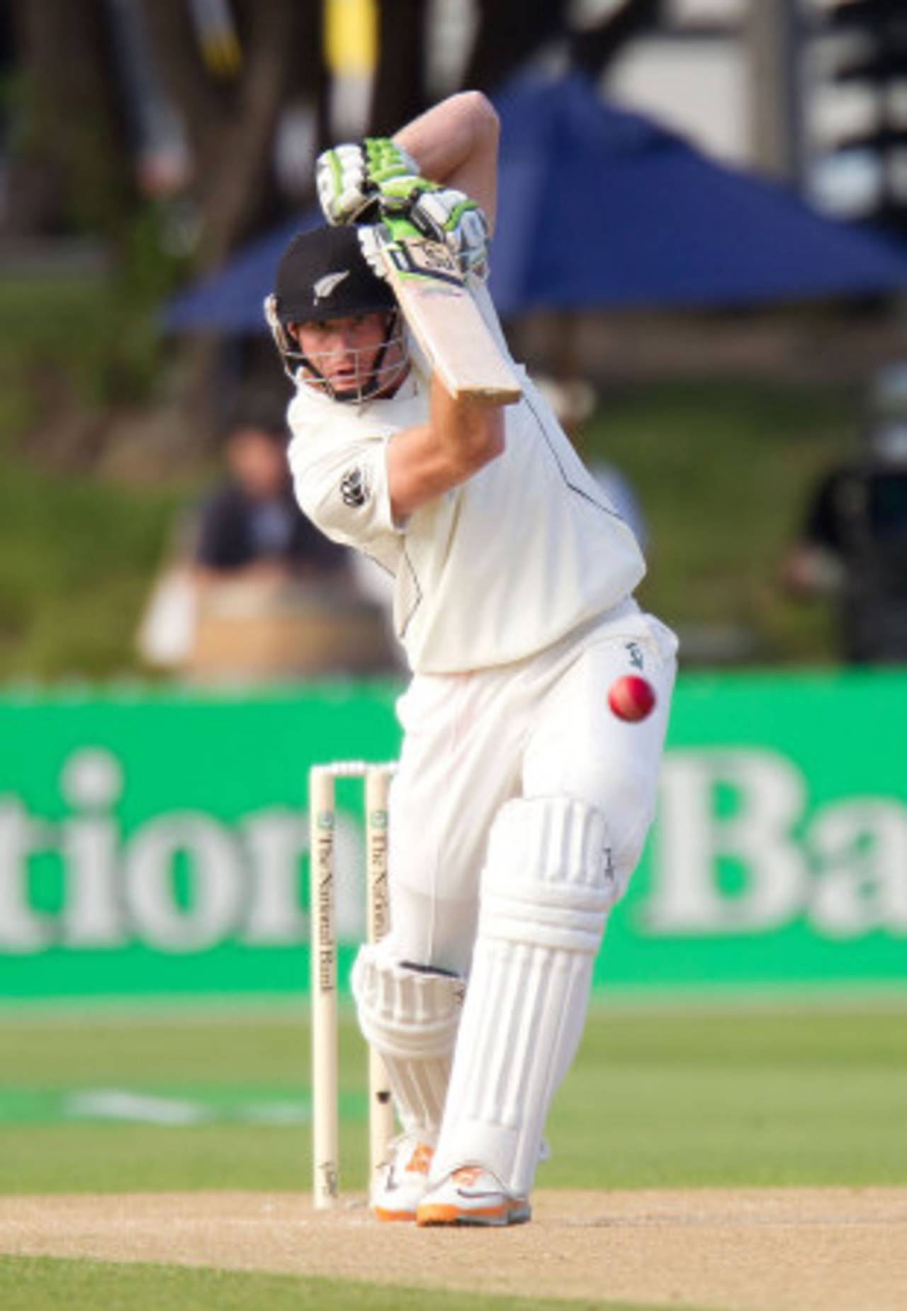 Martin Guptill drives down the ground on his way to a fifty, New Zealand v South Africa, 3rd Test, Wellington, 4th day, March 26, 2012