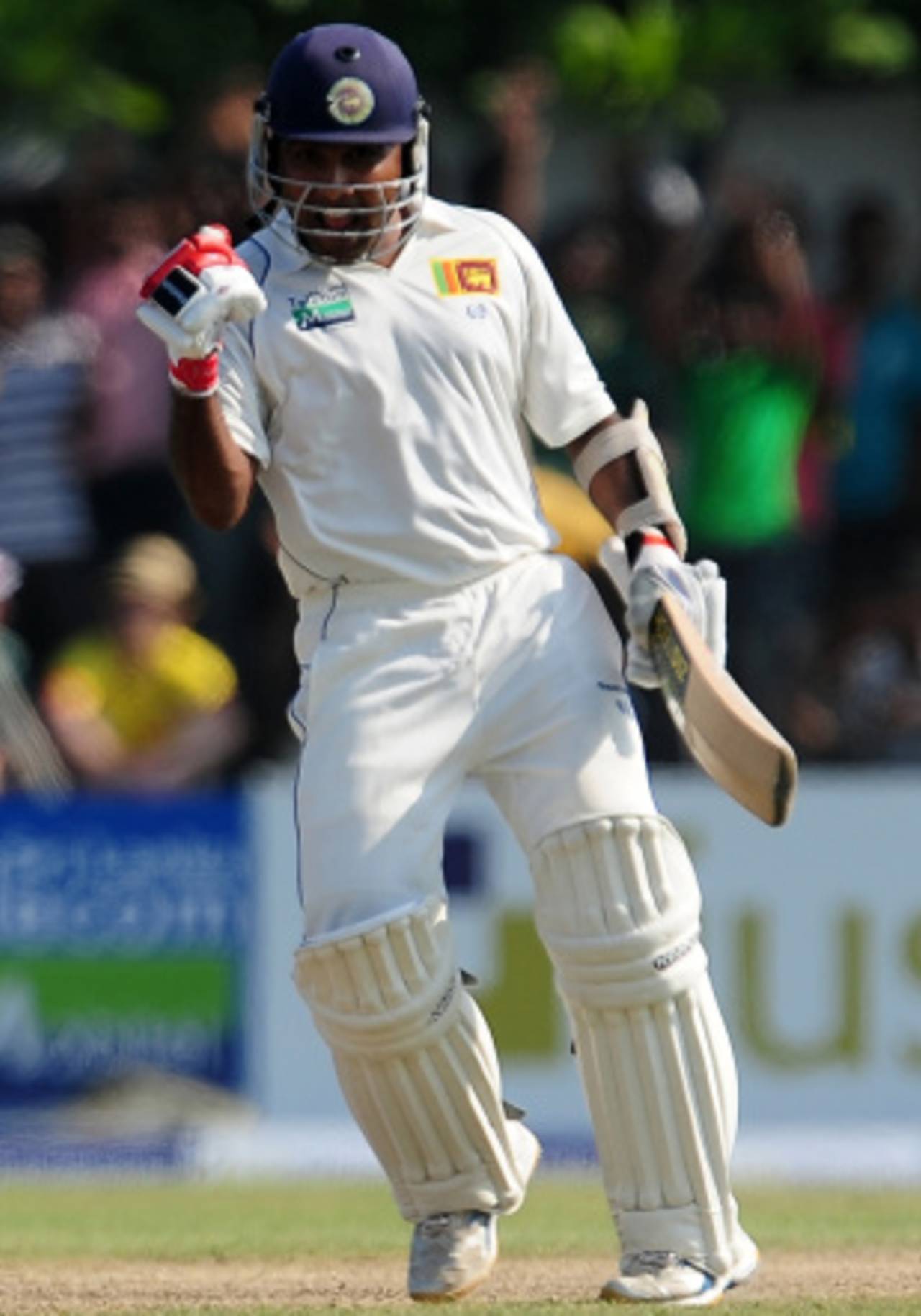 Mahela Jayawardene celebrates a well-fought hundred, Sri Lanka v England, 1st Test, Galle, 1st day, March 26, 2012