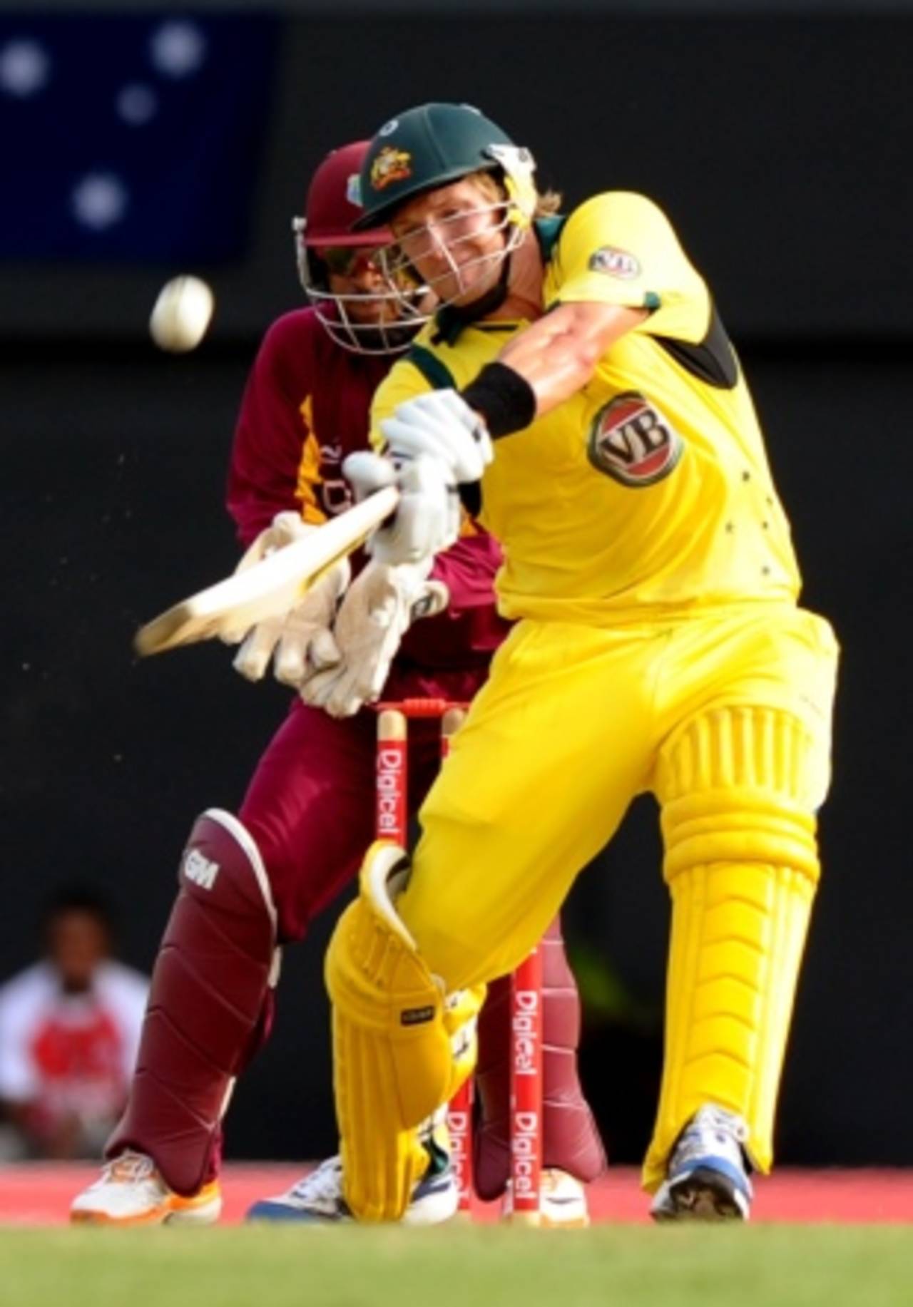 Shane Watson goes over the off side, West Indies v Australia, 1st Twenty20, St Lucia