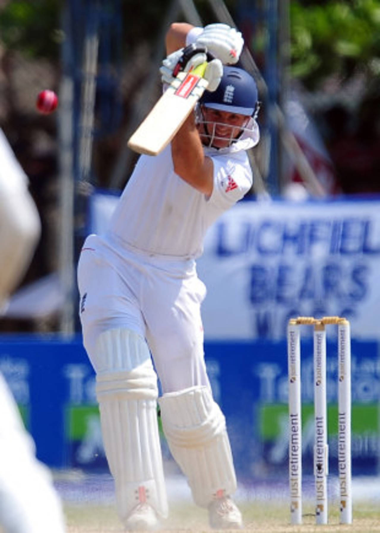 England captain Andrew Strauss drives as England chase 340 to win, Sri Lanka v England, 1st Test, Galle, 3rd day, March 28, 2012