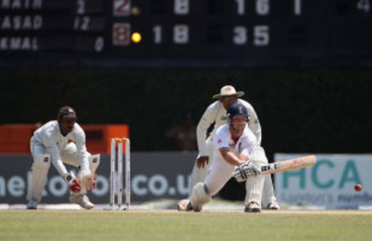 Jonathan Trott reverse sweeps on his was to a half-century, Sri Lanka v England, 2nd Test, Colombo, P Sara Oval, 3rd day, April 5, 2012