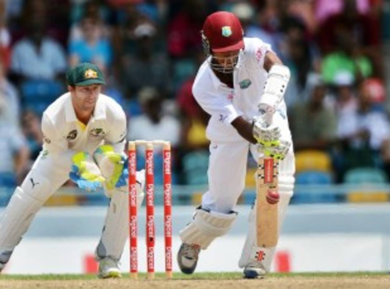 Kraigg Brathwaite is watchful in defence, West Indies v Australia, 1st Test, Barbados, 1st day, April, 7, 2012