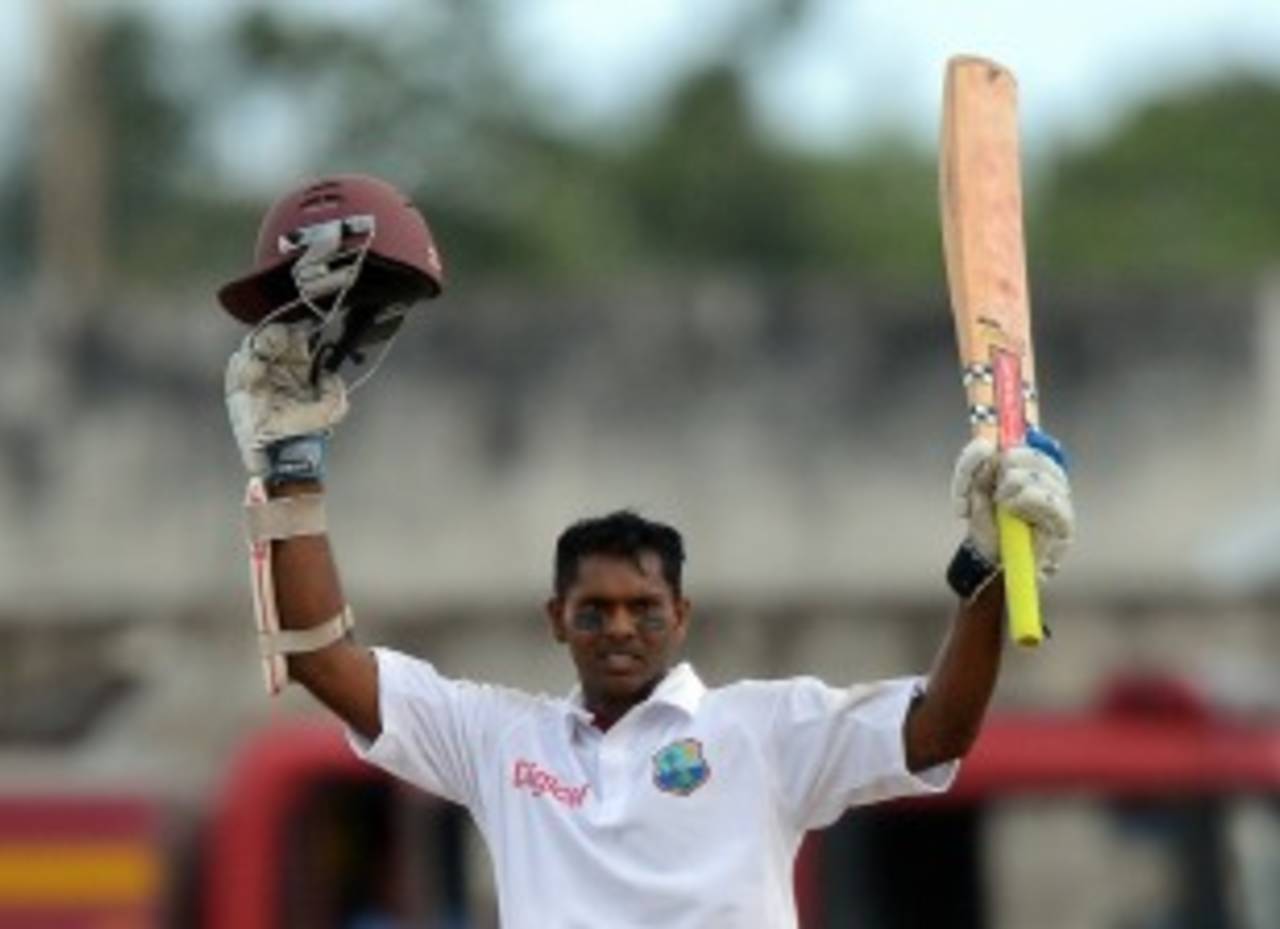Shivnarine Chanderpaul celebrates his hundred, West Indies v Australia, 1st Test, Barbados, 2nd day, April 8, 2012