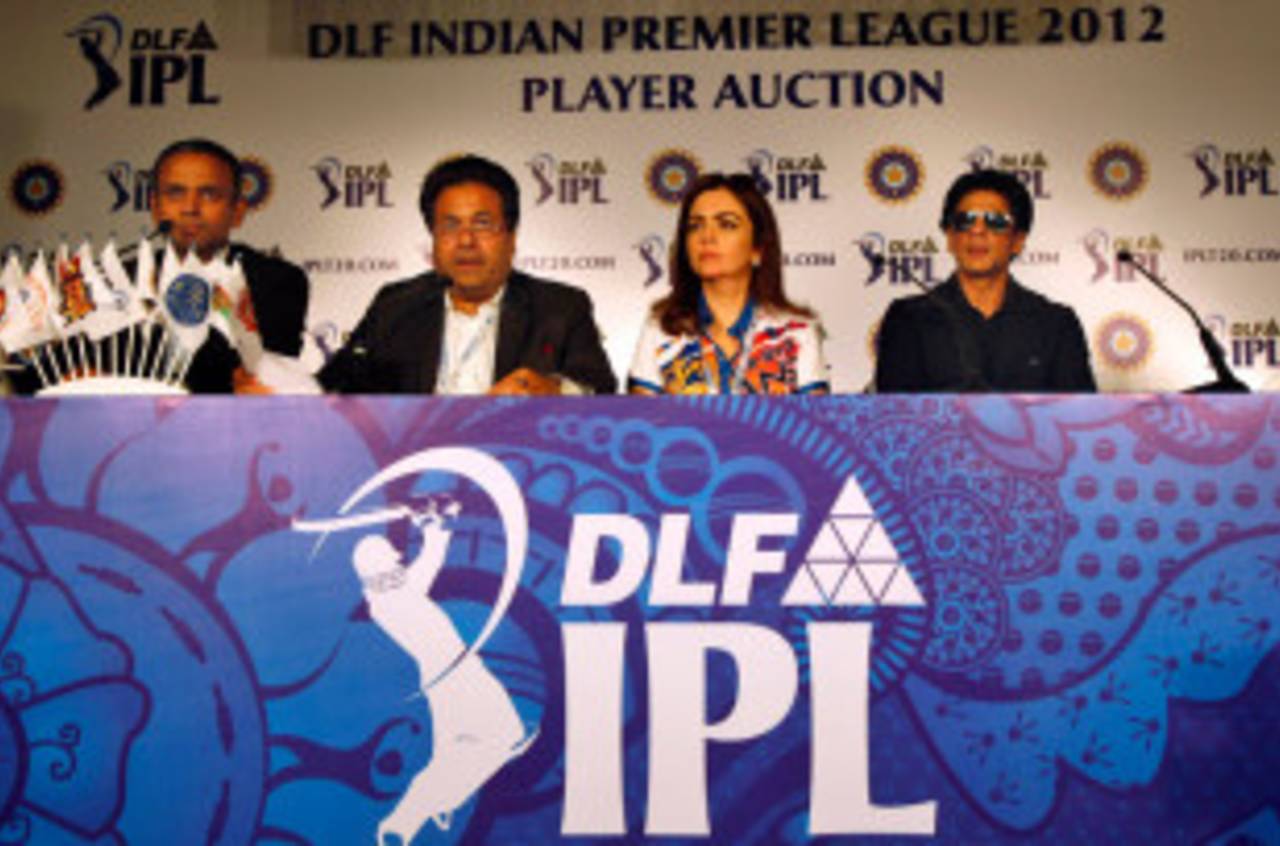 The then IPL CEO Sundar Raman, chairman Rajiv Shukla, Mumbai Indians team owner Nita Ambani, and Kolkata Knight Riders co-owner Shahrukh Khan at a press conference at the end of the 2012 player auction, Bangalore, February 4, 2012