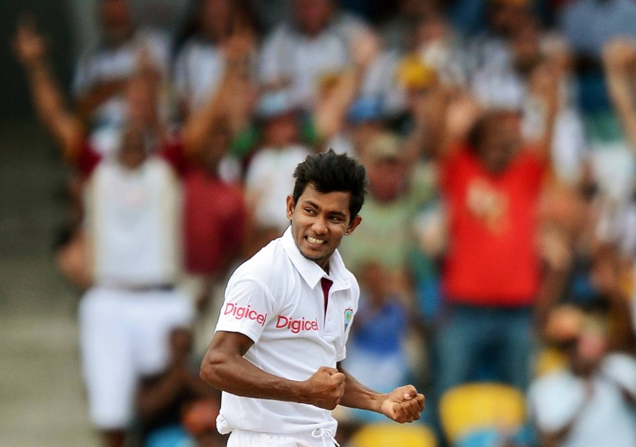 Devendra Bishoo celebrates a wicket, West Indies v Australia, 1st Test, Barbados, 3rd day, April 9, 2012