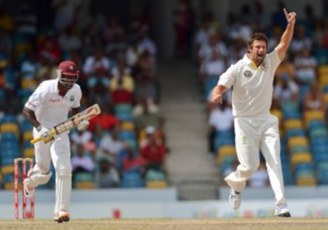 Ben Hilfenhaus has Kirk Edwards lbw, West Indies v Australia, 1st Test, Barbados, 4th day, April 10, 2012