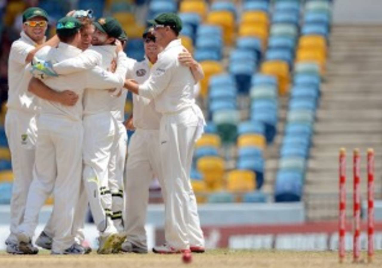 The Australians celebrate after Darren Sammy was bowled, West Indies v Australia, 1st Test, Barbados, 5th day, April 11, 2012