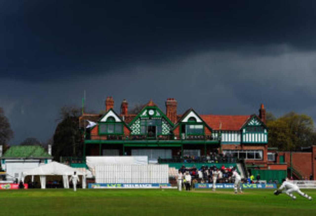 Storm clouds gather over the Aigburth pavilion, Lancashire v Warwickshire, County Championship, Division One, Aigburth, April 19, 2012