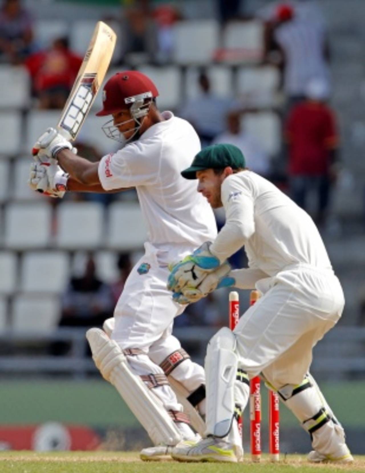 Kieran Powell is bowled, West Indies v Australia, 3rd Test, Roseau, 2nd day, April 24, 2012