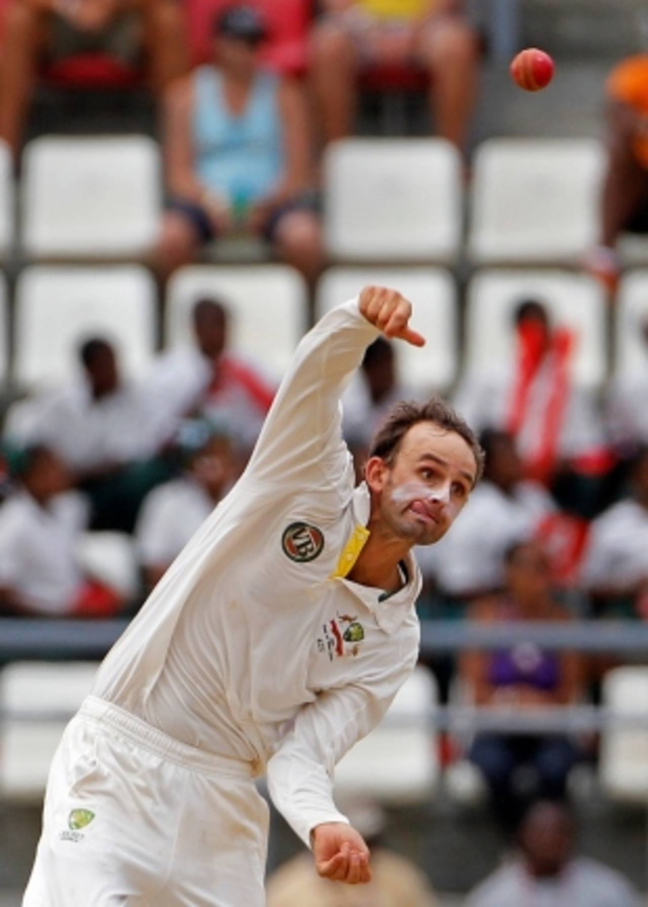 Nathan Lyon sends down a delivery, West Indies v Australia, 3rd Test, Roseau, 5th day, April 27, 2012