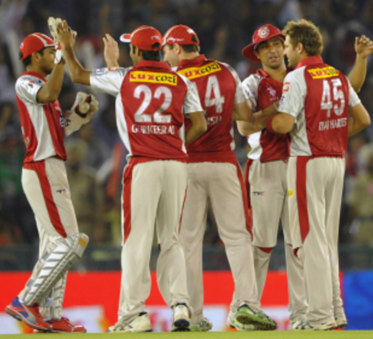 Kings XI Punjab celebrate the fall of Ajinkya Rahane, Kings XI Punjab v Rajasthan Royals, IPL, Mohali, May 5, 2012