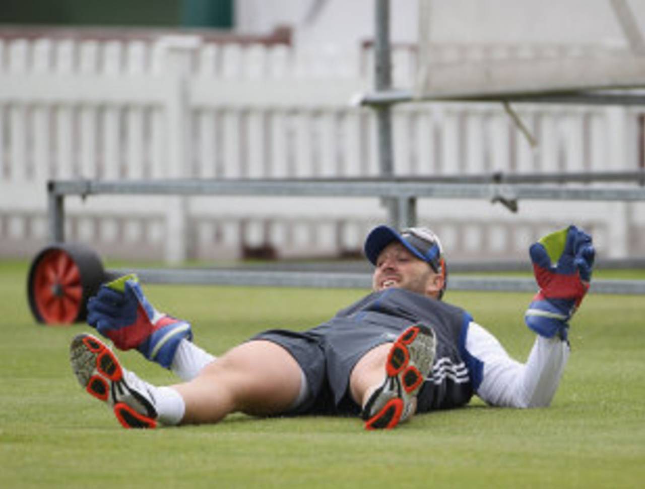 Matt Prior ends up flat-out during keeping drills, Lord's, May 15, 2012