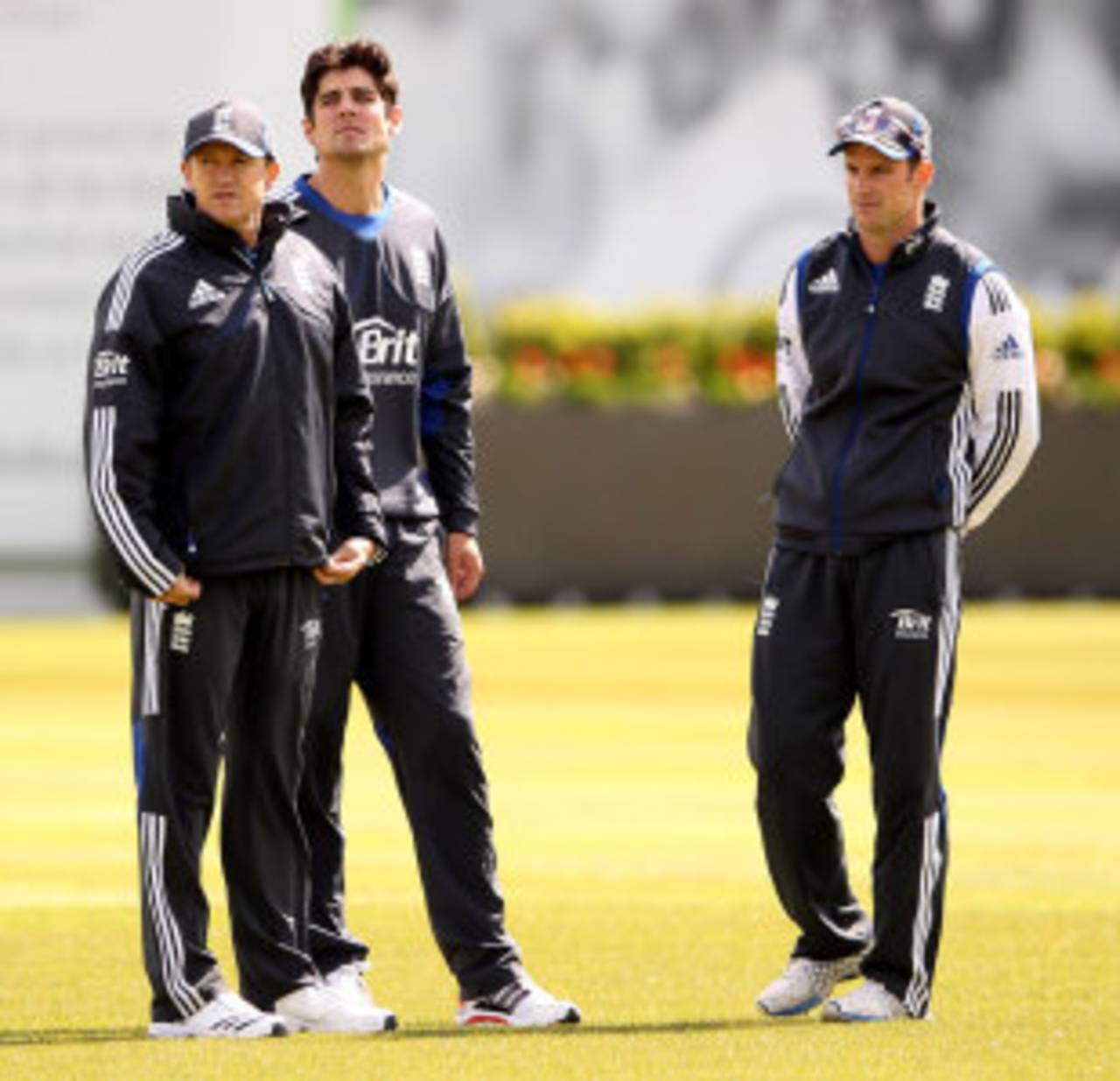 Andy Flower, Alastair Cook and Andrew Strauss look on during England practice, Lord's, May 16, 2012