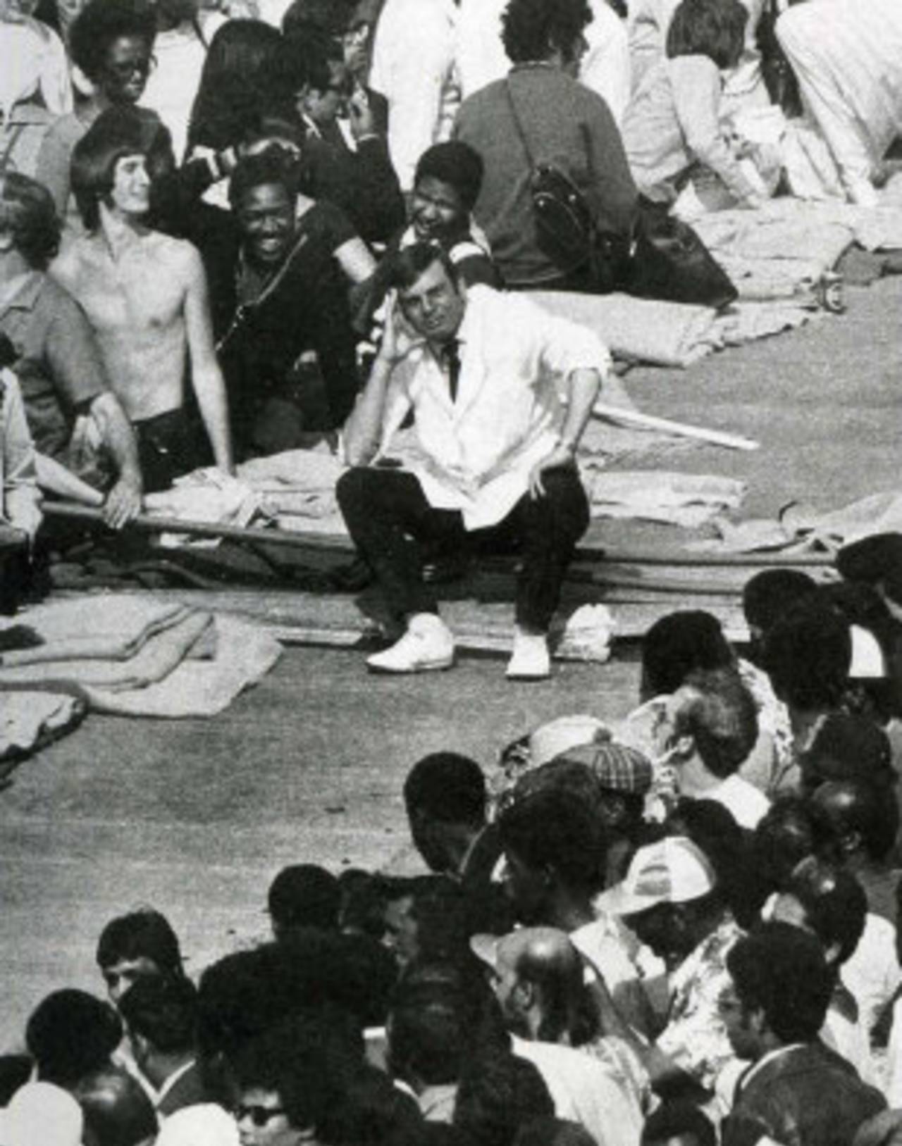 Dickie Bird sits forlornly on the covers during a bomb scare, England v West Indies,Lord's, August 25, 1973