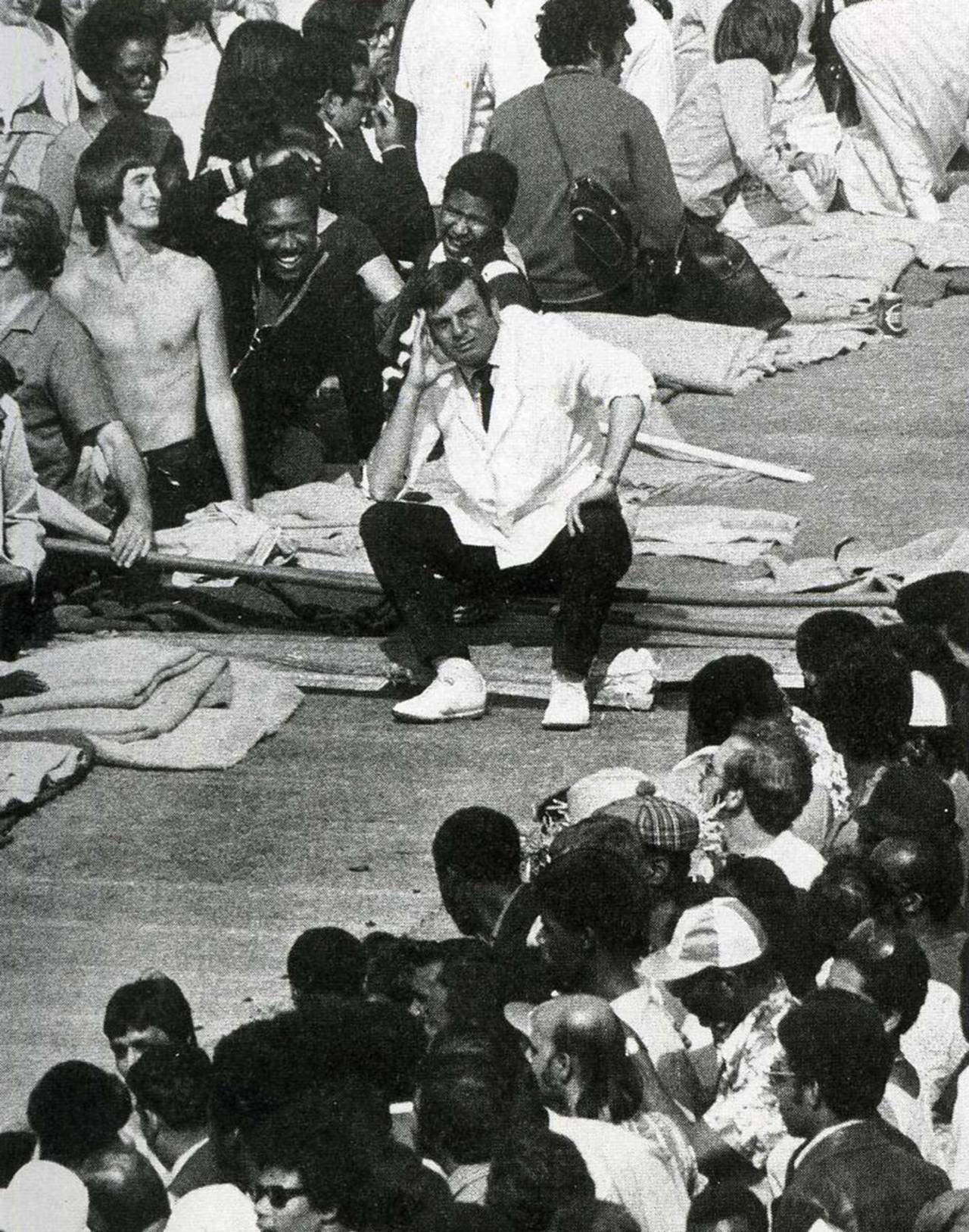Dickie Bird sits forlornly on the covers during a bomb scare, England v West Indies,Lord's, August 25, 1973