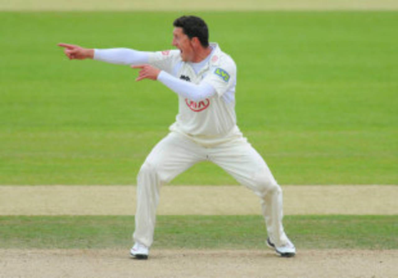 Veteran seamer Jon Lewis appeals for a wicket, Surrey v Somerset, County Championship, Division One, 3rd day, The Oval, May 18, 2012