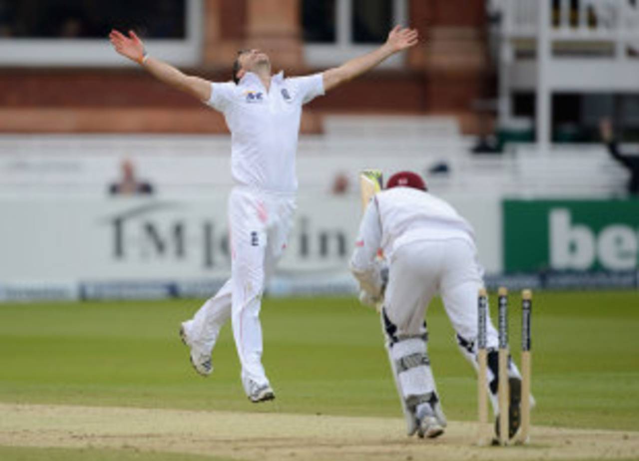 James Anderson finally picked up a wicket when he bowled Denesh Ramdin, England v West Indies, 1st Test, Lord's, 4th day, May 20, 2012