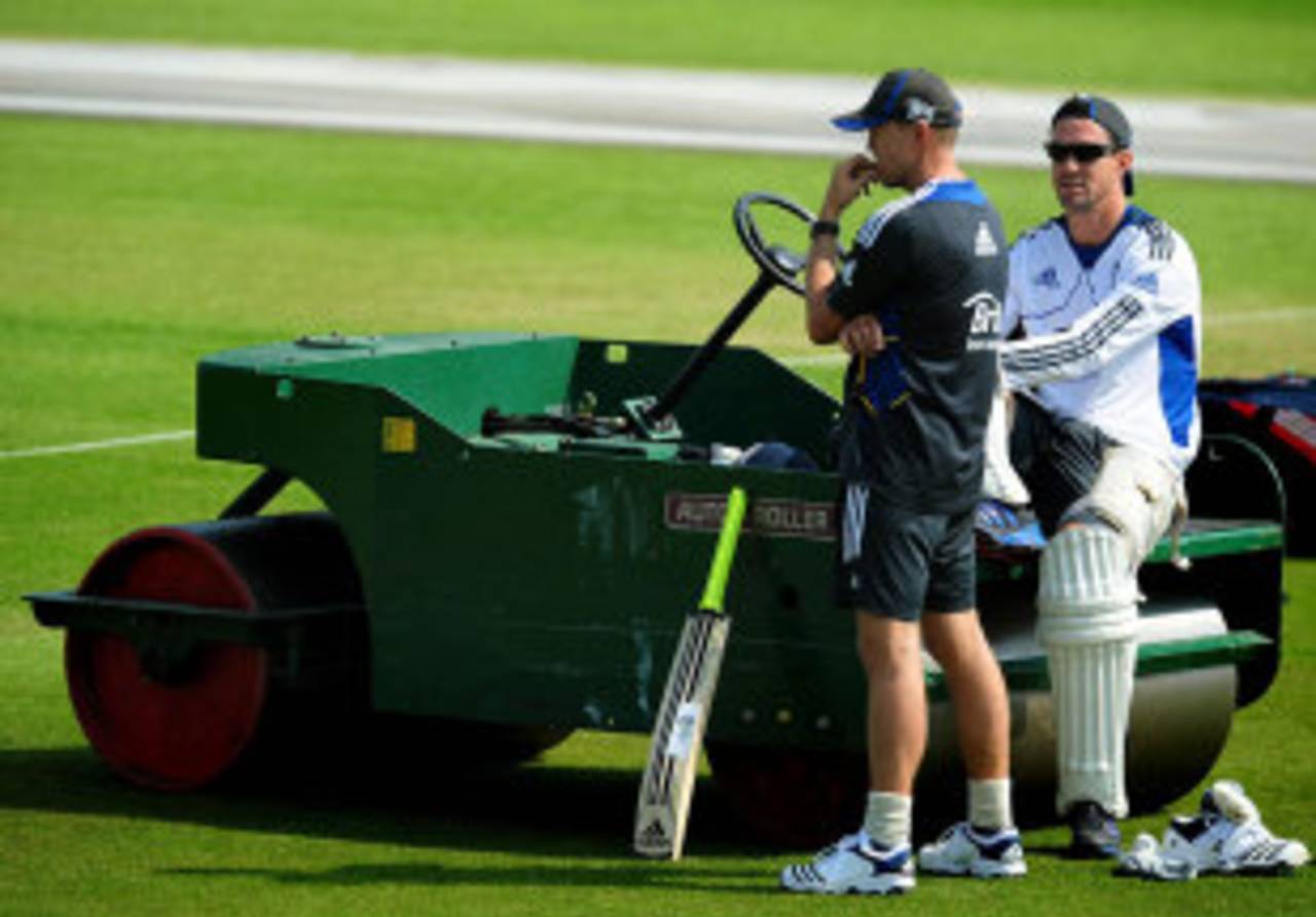 Kevin Pietersen sits on a Trent Bridge roller to chat to England's director of cricket Andy Flower after his latest Twitter escapade was squashed by the ECB&nbsp;&nbsp;&bull;&nbsp;&nbsp;PA Photos