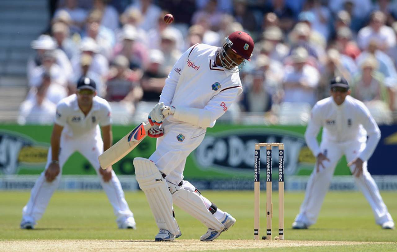 Marlon Samuels sways away from a bouncer, England v West Indies, 2nd Test, Trent Bridge, 1st day, May 25, 2012