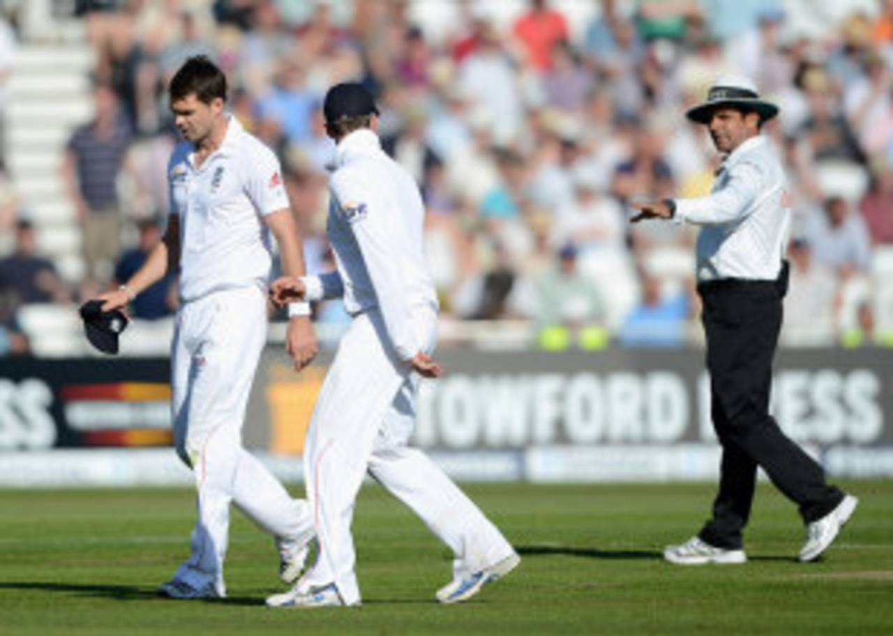 Aleem Dar has a word with James Anderson, England v West Indies, 2nd Test, Trent Bridge, 1st day, May 25, 2012