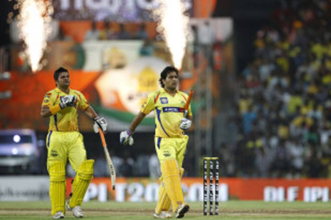 Suresh Raina and MS Dhoni walk off at the end of Chennai's innings, Kolkata Knight Riders v Chennai Super Kings, IPL 2012, final, Chennai, May 27, 2012
