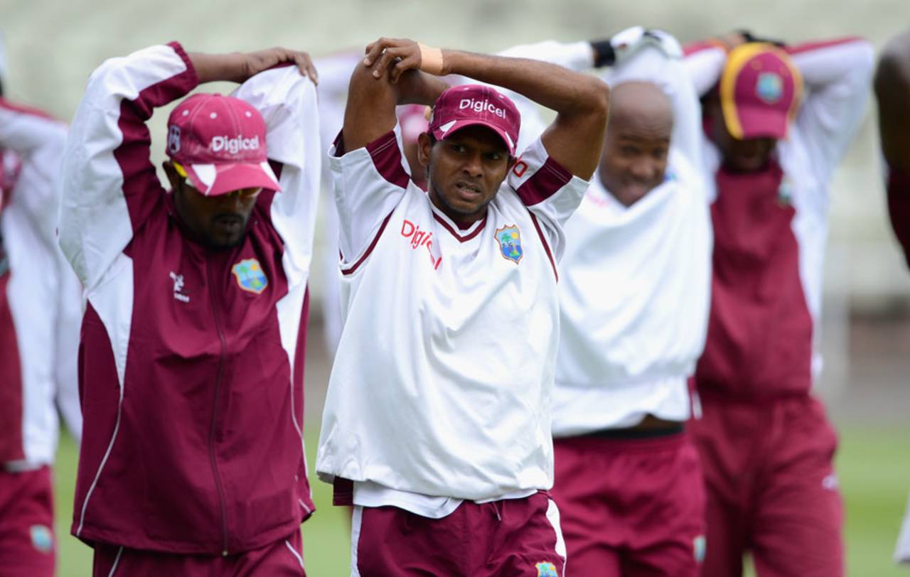 Shivnarine Chanderpaul stretches during West Indies practice, Edgbaston, June 5, 2012