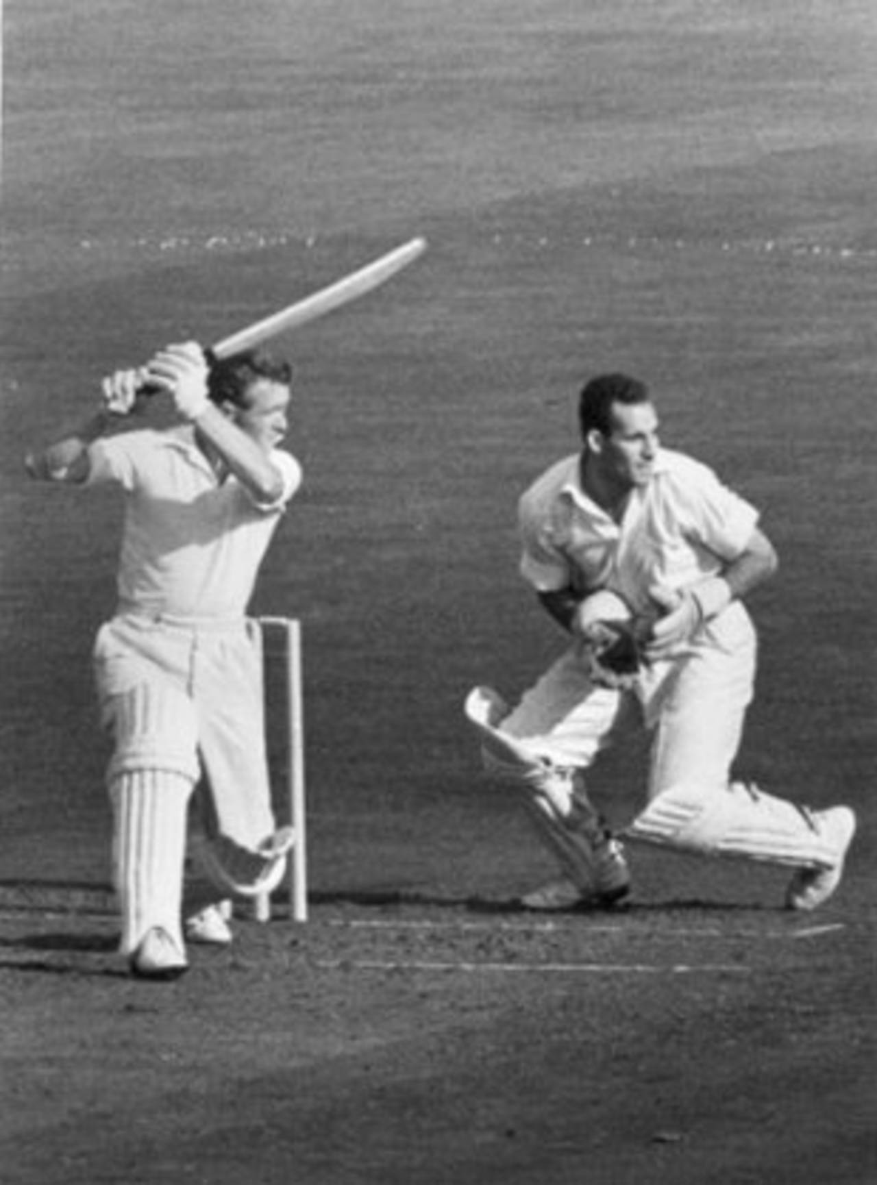 Peter Richardson drives through square as wicketkeeper Gerry Alexander watches, England v West Indies, 5th Test, 1st day, August 22, 1957