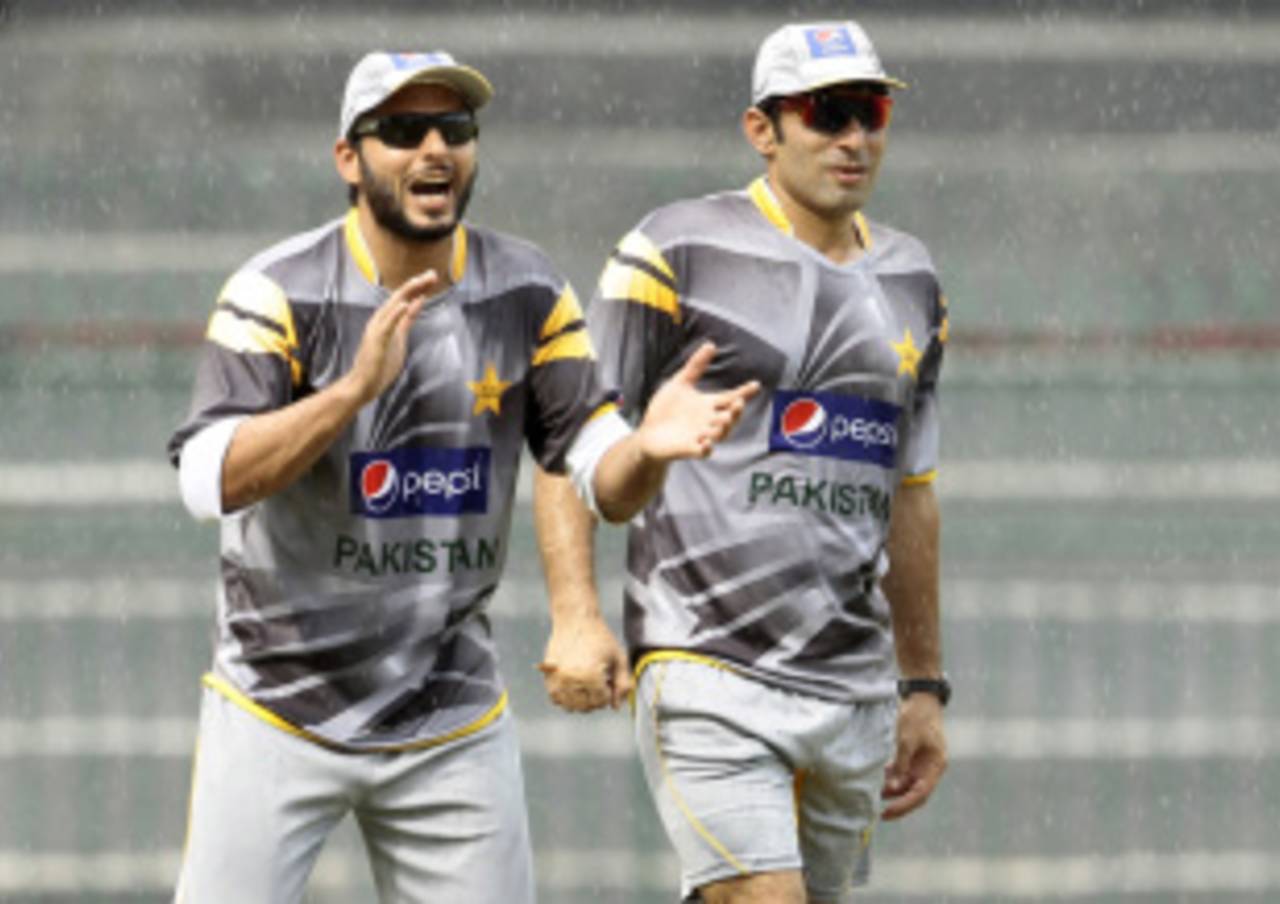 Misbah-ul-Haq (right) will watch the first Test from the sidelines&nbsp;&nbsp;&bull;&nbsp;&nbsp;Associated Press