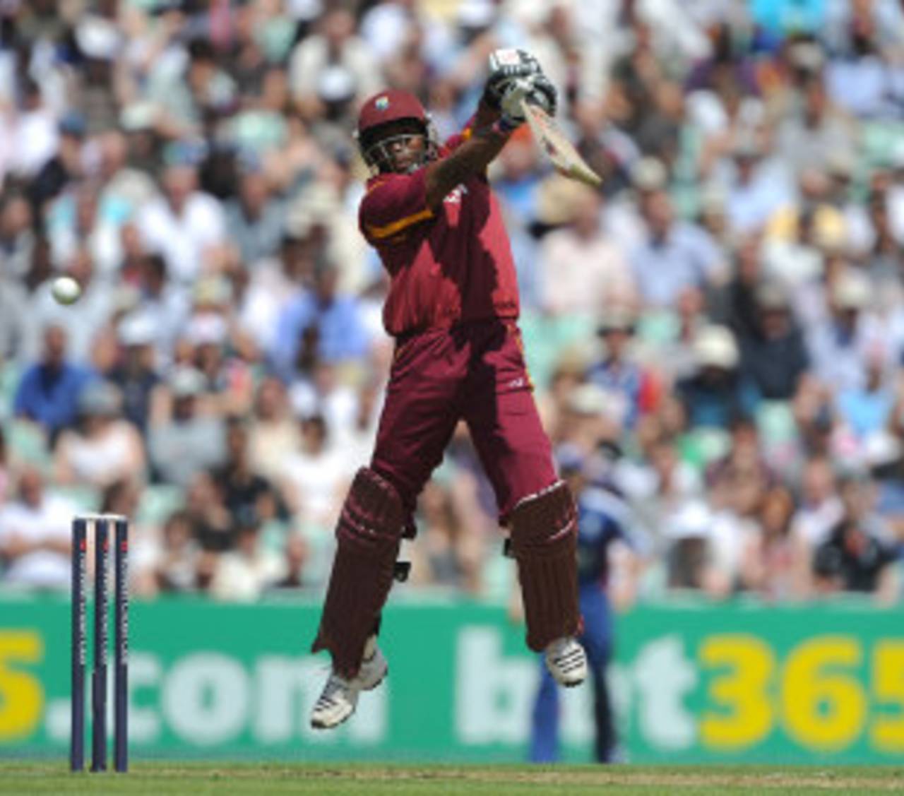 Dwayne Bravo is off his feet to play into the off side, England v West Indies, 2nd ODI, The Oval, June 19, 2012