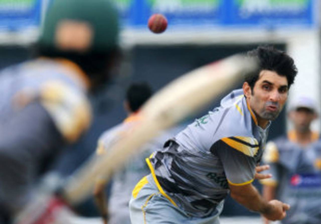 Misbah-ul-Haq has a bowl in the nets, Galle, June 21, 2012