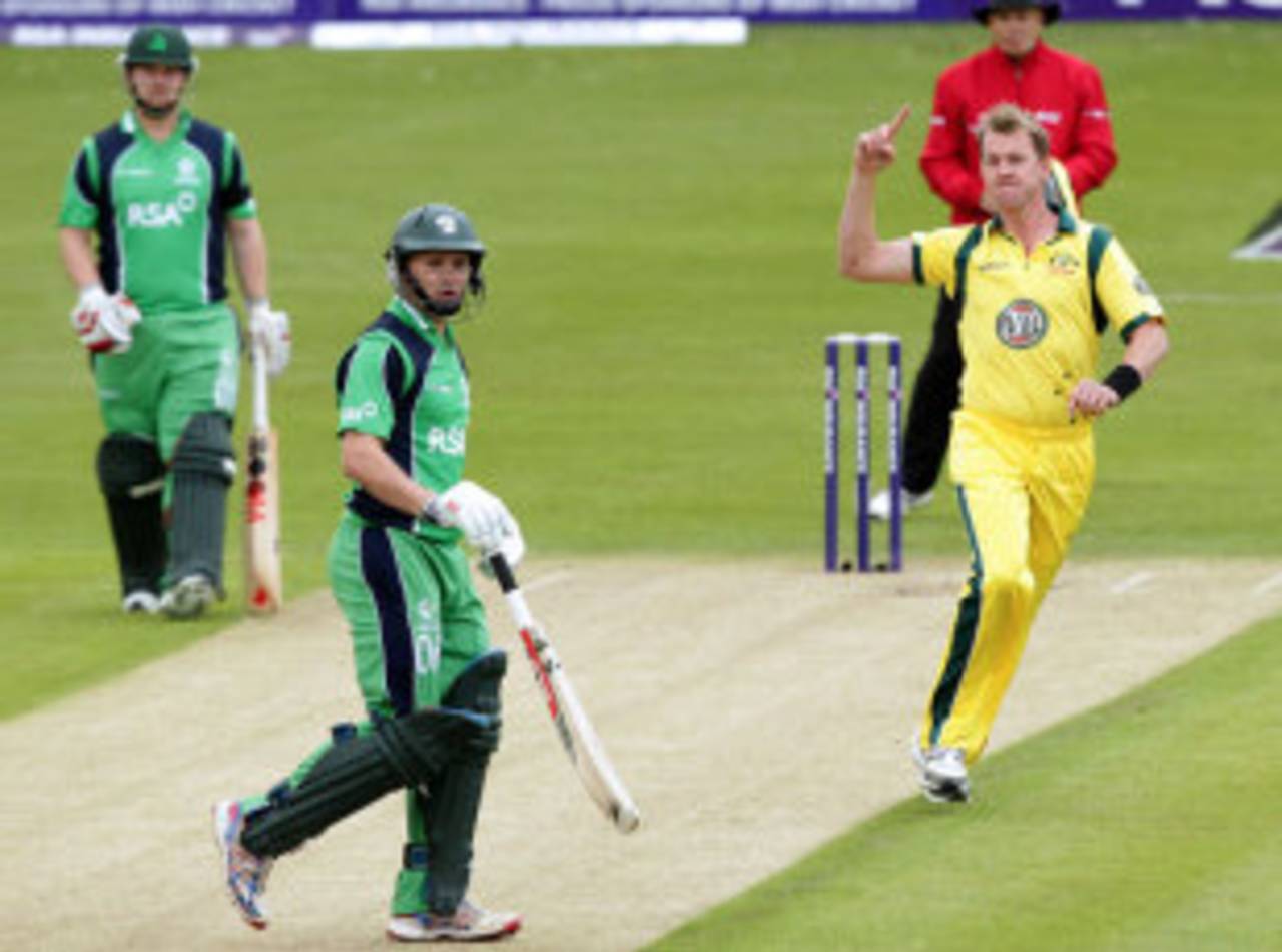 Brett Lee celebrates after bowling William Porterfield with the opening delivery of the match, Ireland v Australia, ODI, Stormont, June 23, 2012