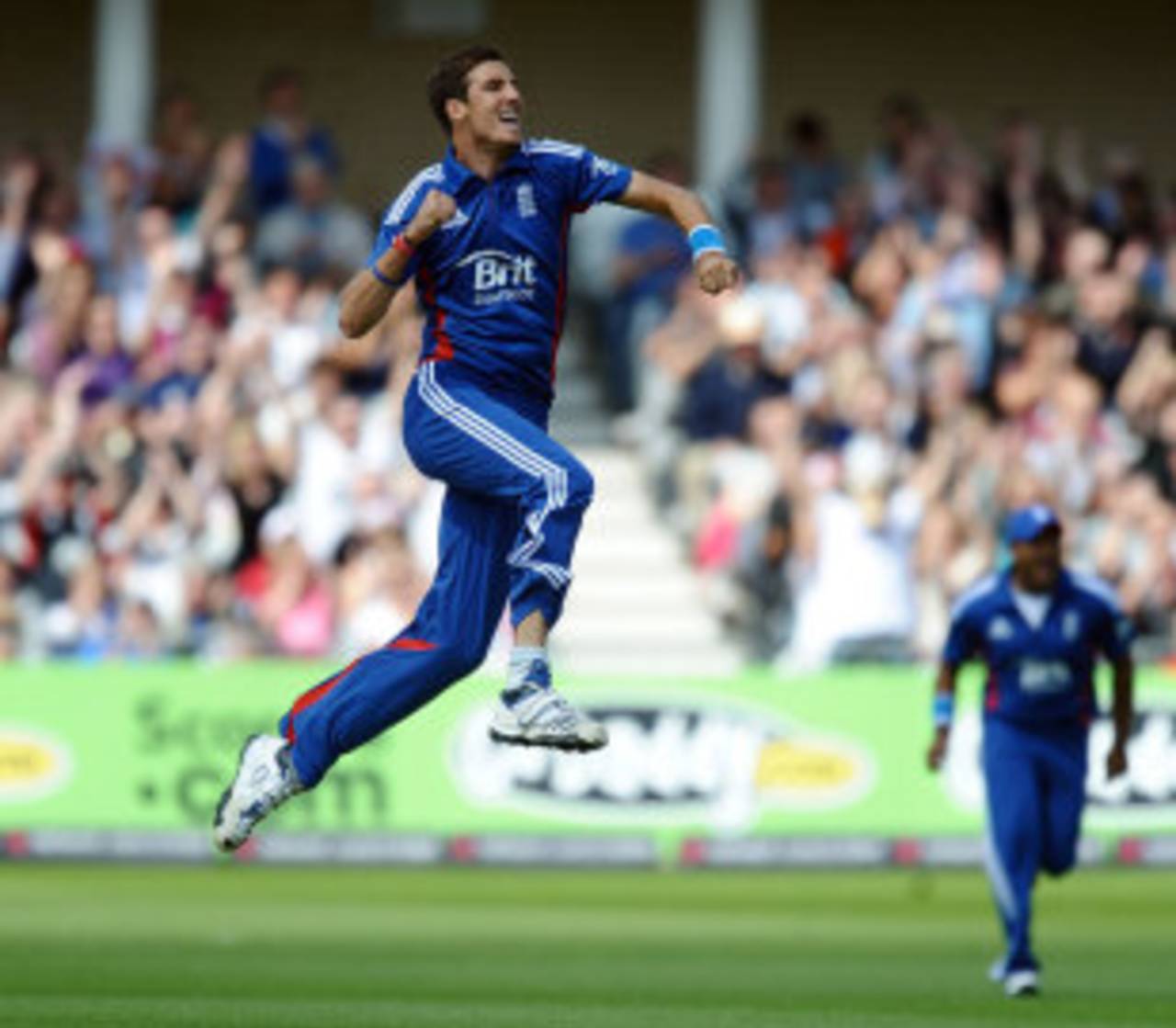 Steve Finn leaps for joy after having Chris Gayle caught at fine leg, England v West Indies, T20, Trent Bridge, June, 24, 2012