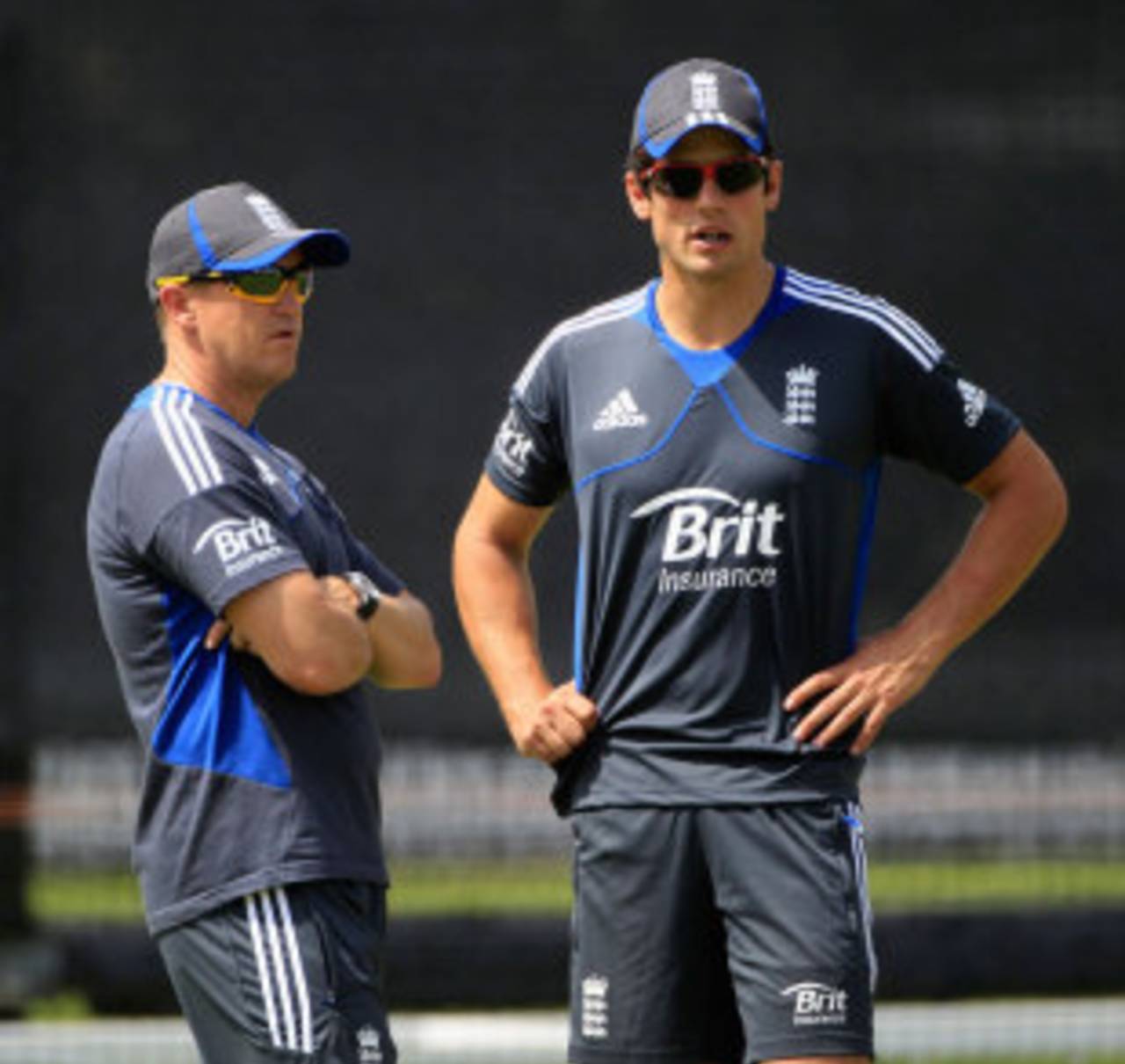 Andy Flower and Alastair Cook chat during England practice, Lord's, June 28, 2012
