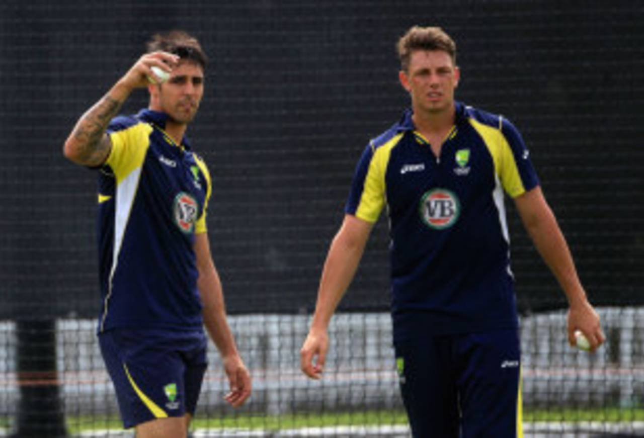 Mitchell Johnson and James Pattinson during net practice, Lord's, June 28, 2012