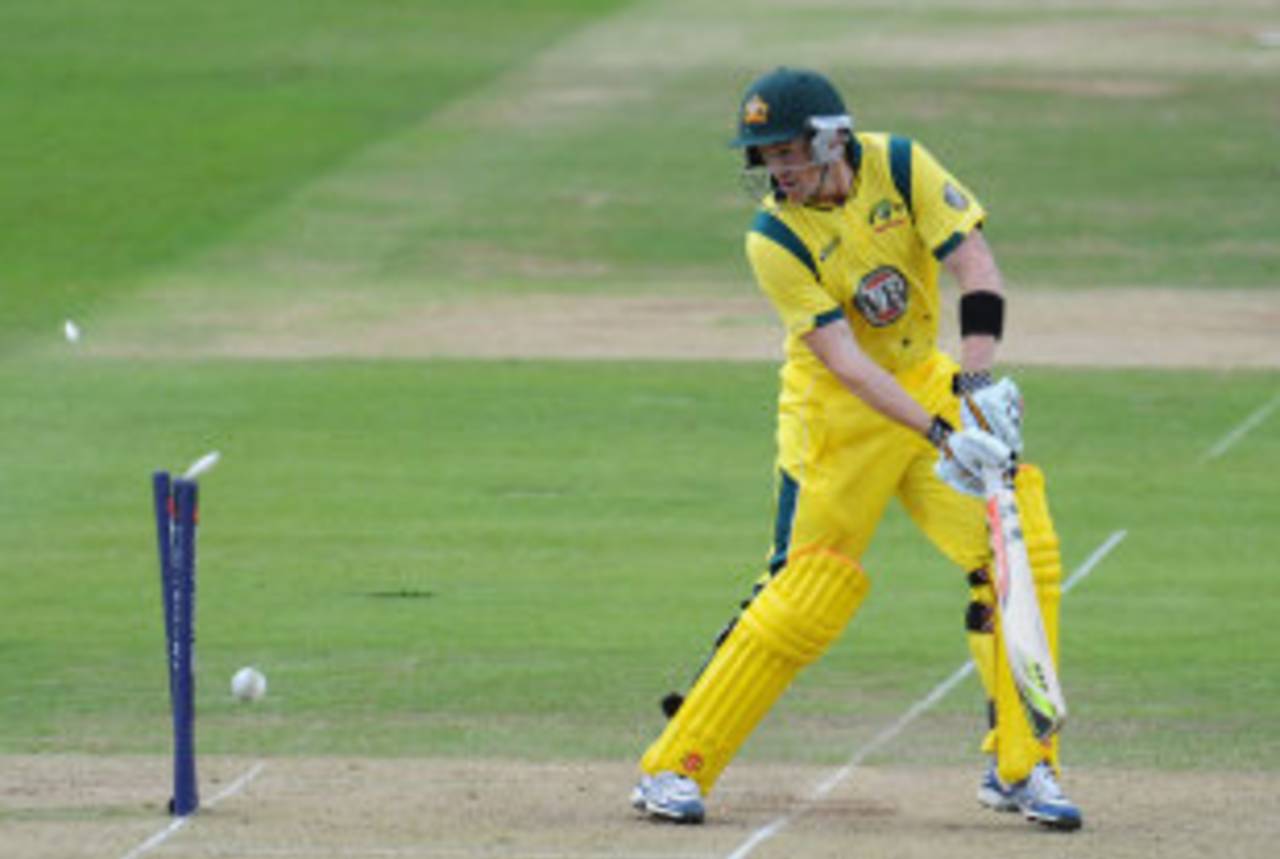 George Bailey chops James Anderson onto his stumps for 29, England v Australia, 1st ODI, Lord's, June 29, 2012