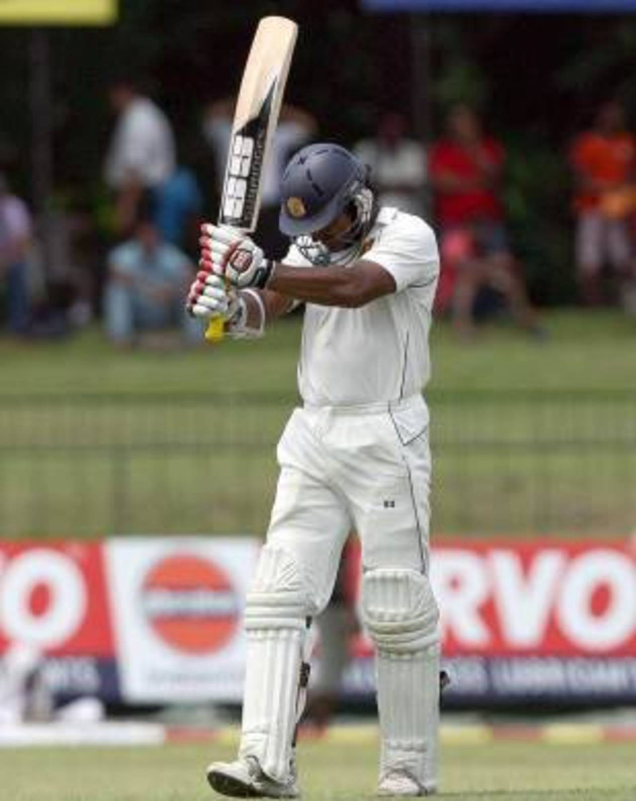 Kumar Sangakkara reacts after missing out on a double-century, Sri Lanka v Pakistan, 2nd Test, SSC, Colombo, 5th day, July 4, 2012