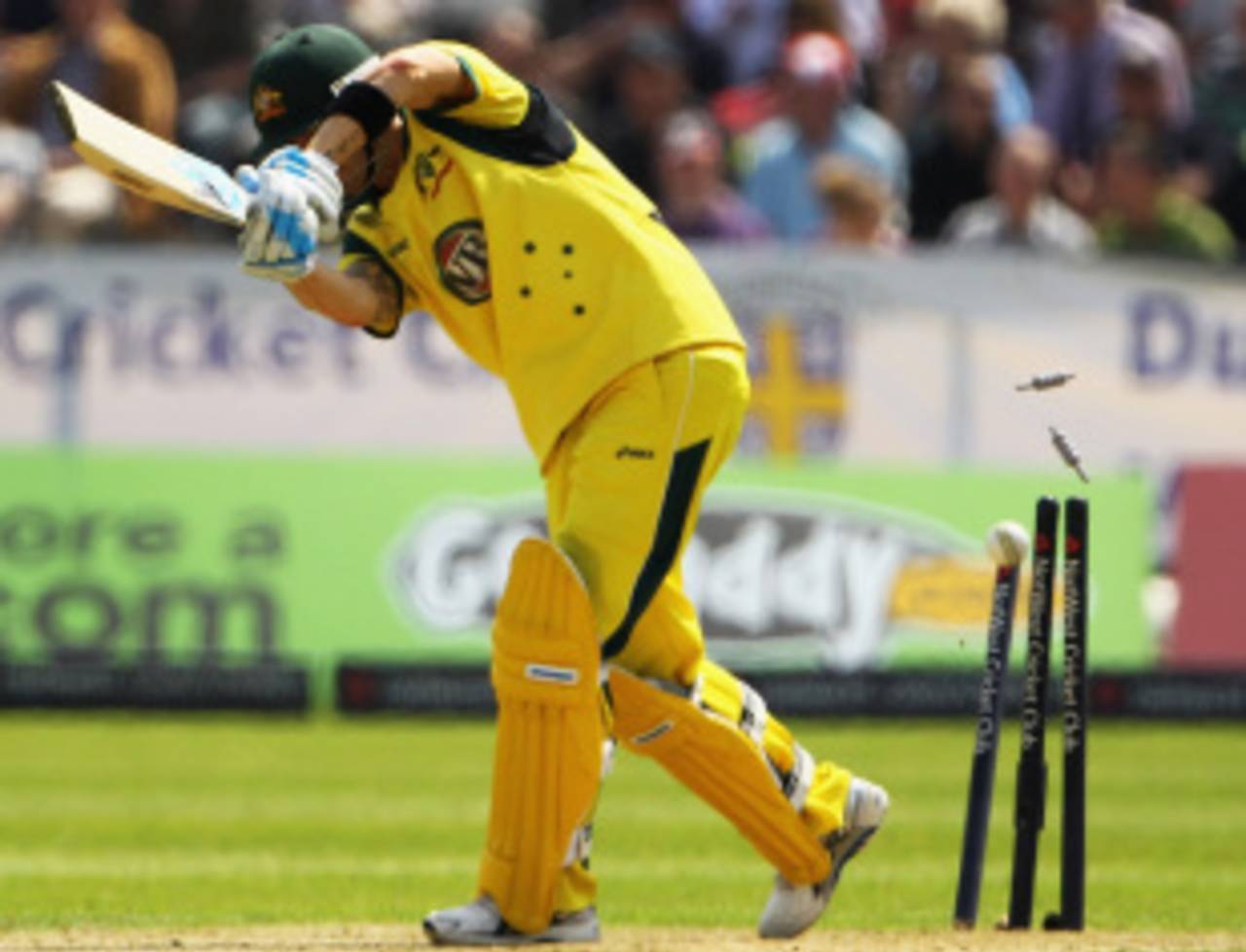 Michael Clarke was bowled as Australia slid further into trouble, England v Australia, 4th ODI, Chester-le-Street, July 7, 2012