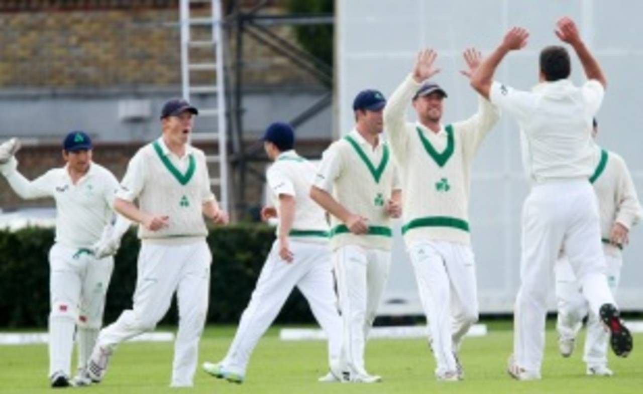Max Sorensen celebrates a wicket, Ireland v Afghanistan, Intercontinental Cup, 3rd day, Dublin, July 11, 2012
