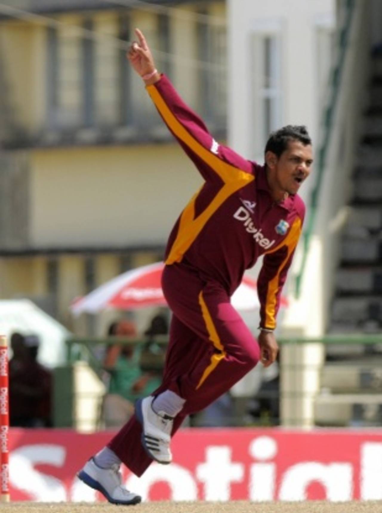 Sunil Narine celebrates one of his five wickets, West Indies v New Zealand, 5th ODI, Basseterre, July 16, 2012