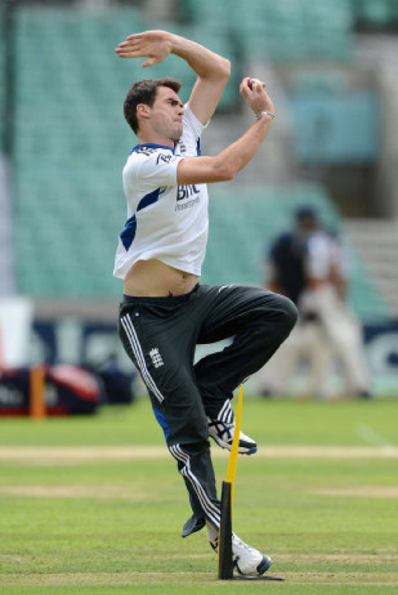 James Anderson lets loose during nets, The Oval, July 17, 2012