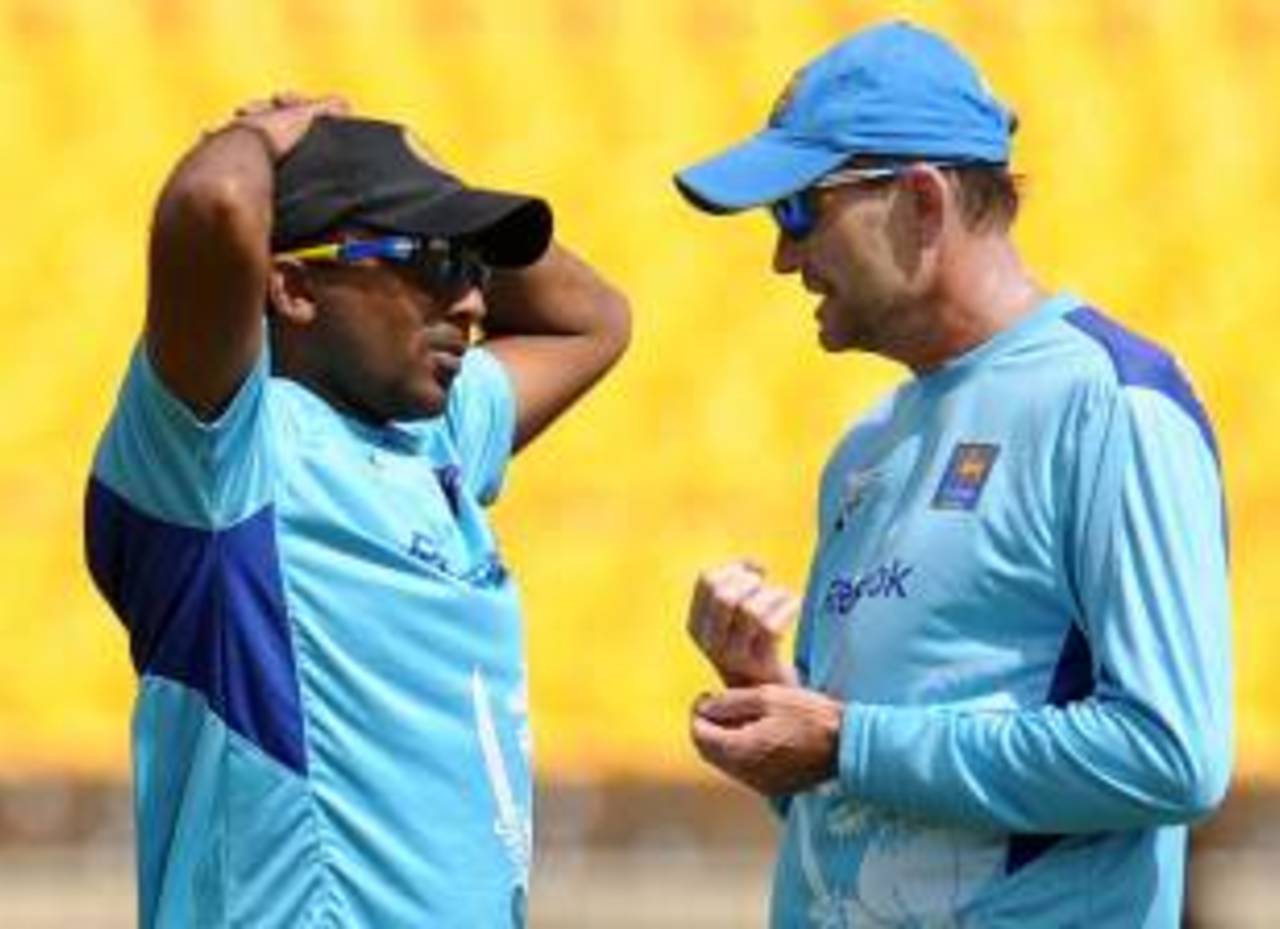 Mahela Jayawardene and Sri Lanka coach Graham Ford have a discussion during training, Hambantota, July 20, 2012