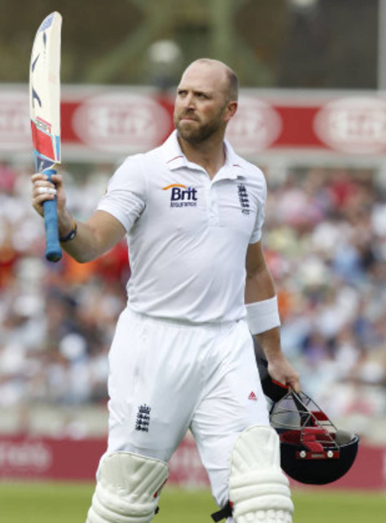 Matt Prior raises his bat after being dismissed, England v South Africa, 1st Investec Test, The Oval,  2nd day, July 20, 2012