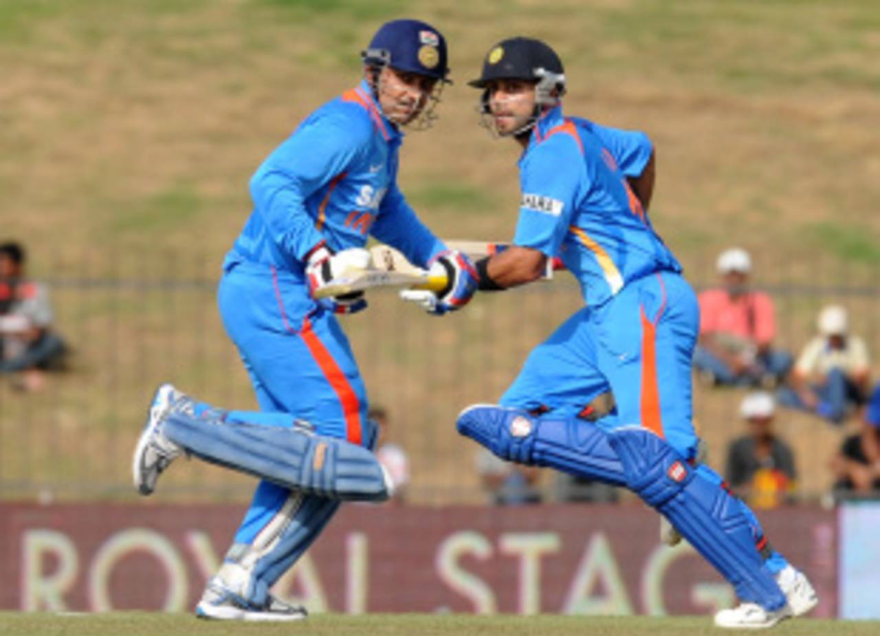 Virender Sehwag and Virat Kohli run between the wickets, during a 173-run stand, Sri Lanka v India, 1st ODI, Hambantota, July 21, 2012